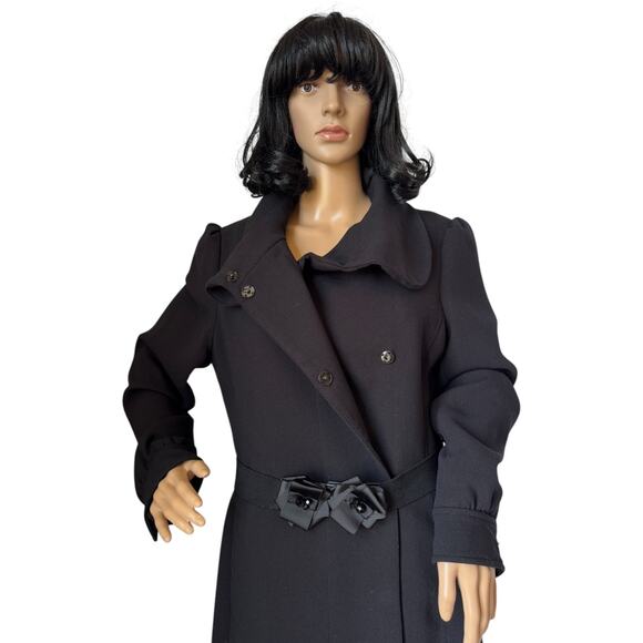 H&M Black dress coat rounded fold over collar with flower belt 12 - Picture 11 of 17